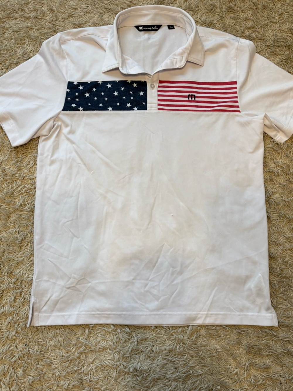 Travis Mathew White Polo with Navy Star & Red Stripe Panels
